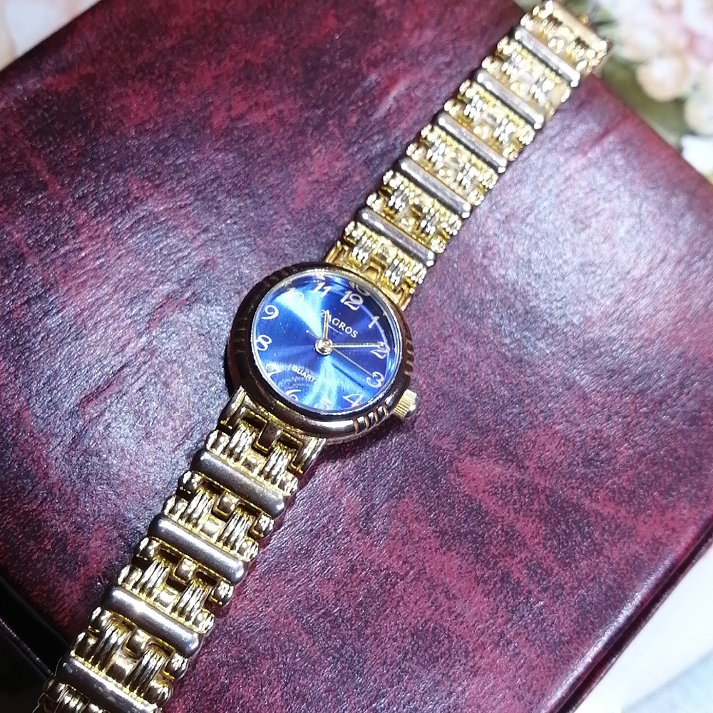 Zagros Gold Plated Vintage Watch with Blue Dial 7.5" Long. New Battery